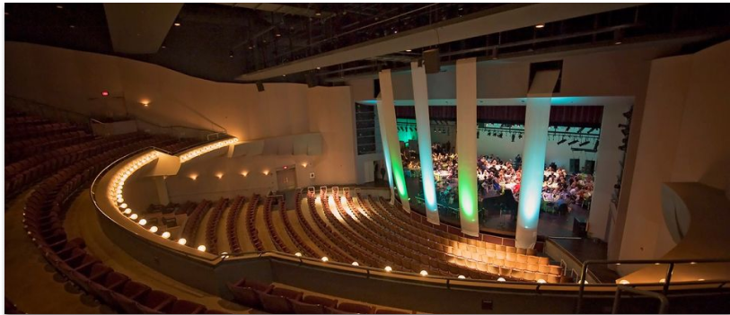 A large theater in the Center for Performing Arts Building where a benefit banquet is being hosted on stage