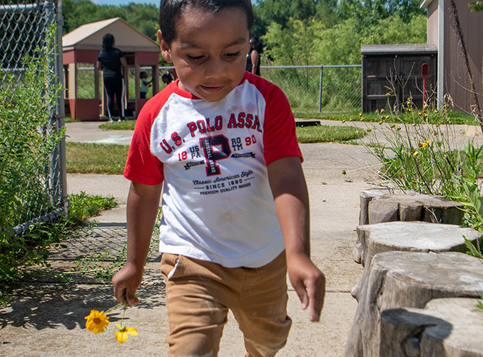 Child playing with flowers