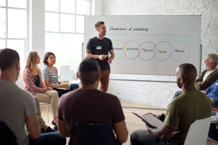 Person giving presentation to group about wellbeing Person giving presentation to group about wellbeing