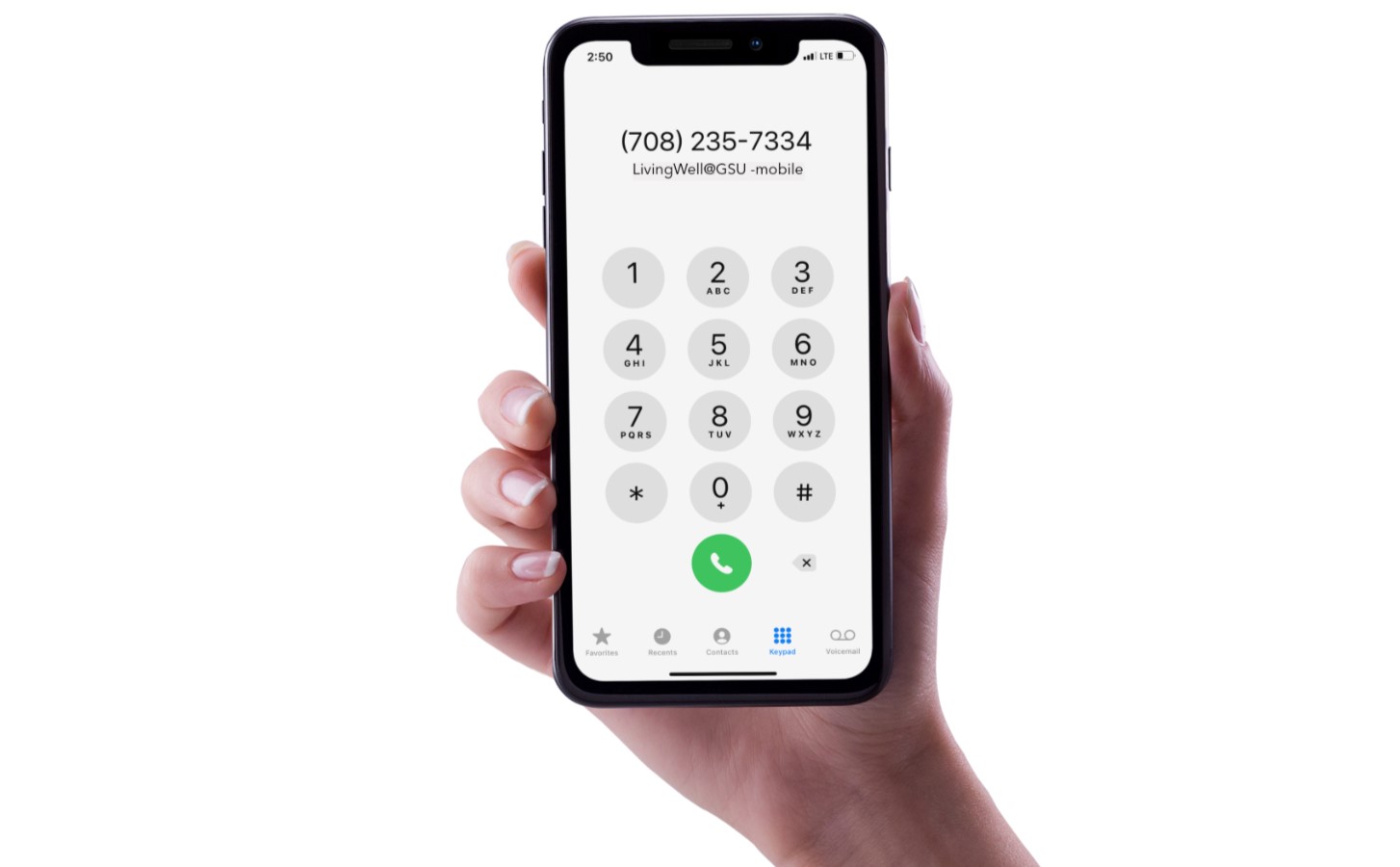 Hand holding phone calling LivingWell@GSU