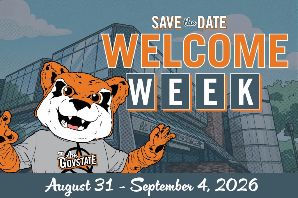 Jax in front of GovState building entrance with text announcing WELCOME WEEK, August 31 - September 4, 2026.