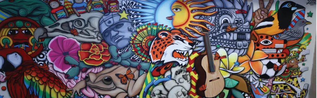 Vibrant mural featuring a sun, moon, jaguar, frog, bird, guitar, and stylized figures.