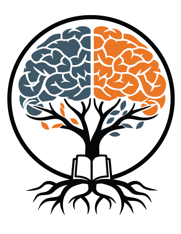 Logo: Tree with roots, open book, and brain canopy split blue and orange.