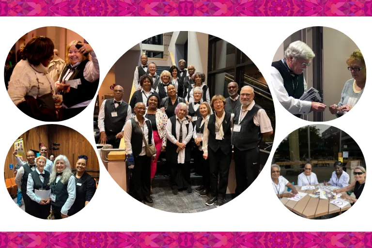 Group of diverse people in black vests and white shirts, engaged in social activities.