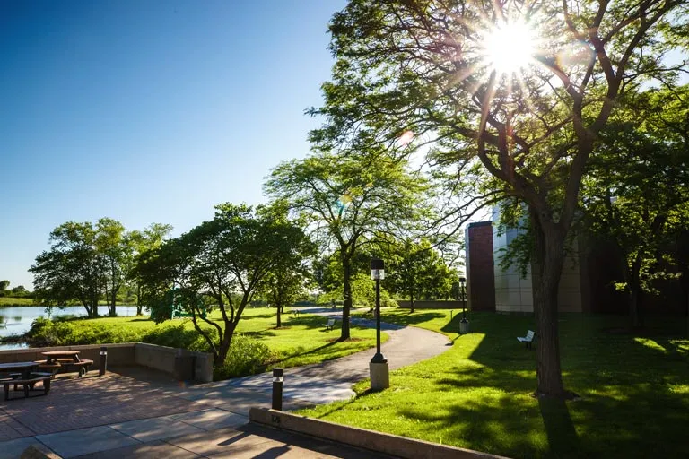 Bright sunburst over a lake, green trees, a paved path, and a building.