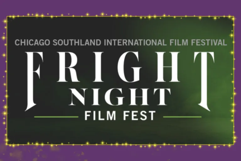 Graphic for Fright Night Film Fest against a dark green gradient background. Presented by the Chicago Southland International Film Festival