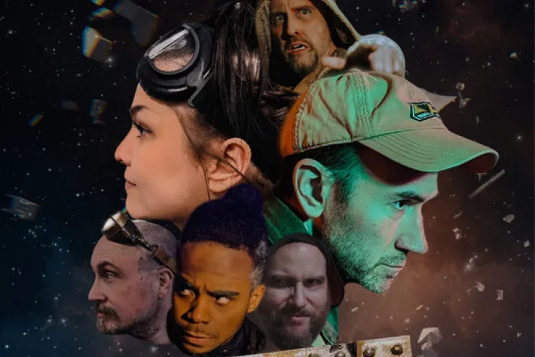 Poster for "Space Trash" with five cast members' faces in space.