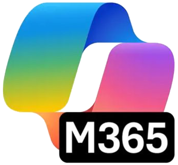 Multicolored ribbon forming an abstract loop with a gradient transitioning from blue to green to yellow and pink to purple. A black rectangular label with white text "M365" is positioned at the bottom right, indicating Microsoft 365 branding.