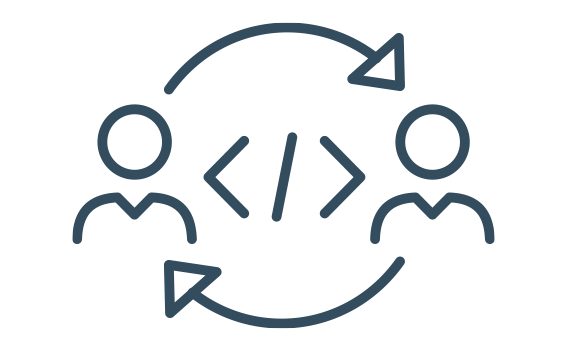 Graphic: Two people exchanging code, connected by circular arrows.