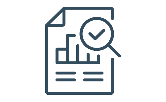 Icon of a document with a bar chart and a checked magnifying glass.