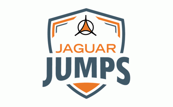 Jaguar Jumps logo, orange and gray shield with geometric icon.