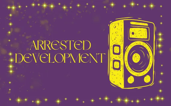 "ARRESTED DEVELOPMENT" text and yellow boombox graphic on a sparkling purple background.