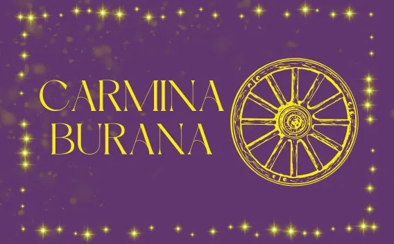 Carmina Burana title in yellow with a fortune wheel on a sparkling purple background.