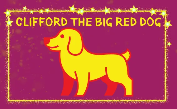  ‘Clifford the Big Red Dog’ text with simple cartoon dog icon on magenta background