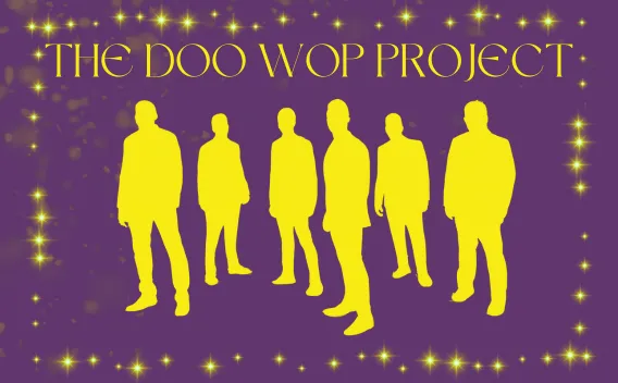 "THE DOO WOP PROJECT" text above six yellow male silhouettes on a sparkling purple background.