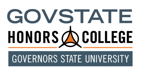 Logo for the GovState Honors College featuring stylized text and an orange and black emblem above the words Governors State University