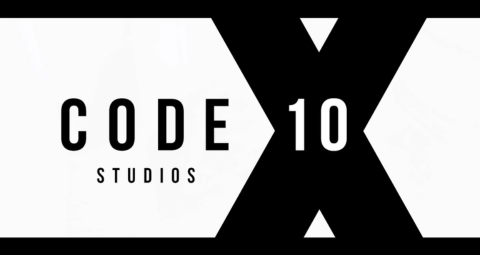Logo: CODE 10 STUDIOS, black and white geometric design.