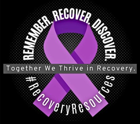 Logo with Remember, Recover, Discover. Together We Thrive in Recovery. #Recovery Resources