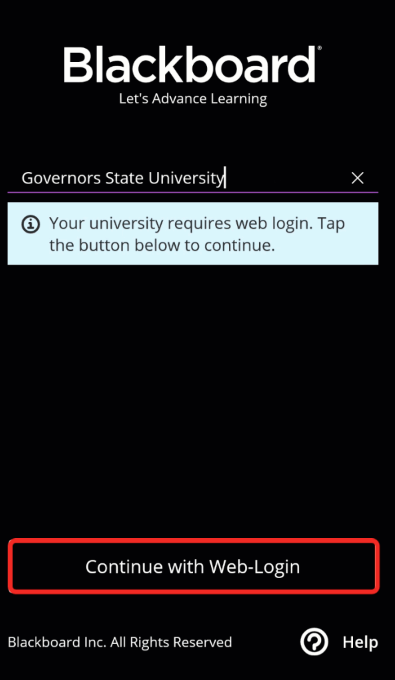 Blackboard App GovState Sign-In page with Continue with Web-Login highlighted