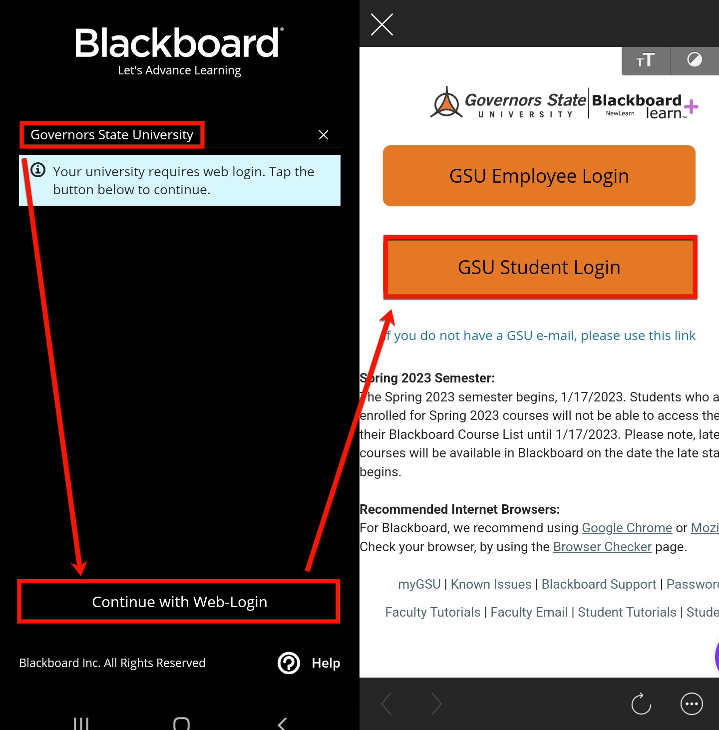 Blackboard App login page to select Governors State University and login with GSU credentials