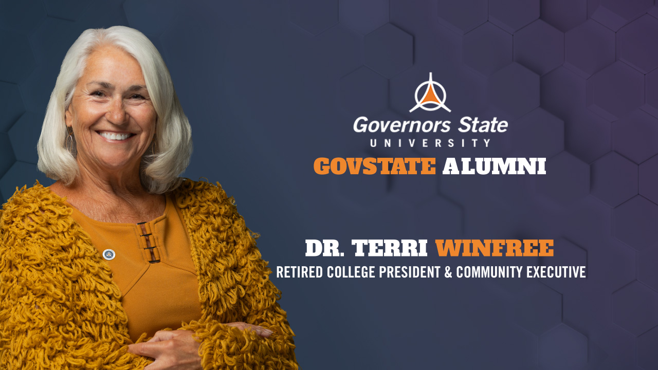 YouTube thumbnail for a Governors State University alumni interview featuring Dr. Terri Winfree, Retired College President & Community Executive. A smiling woman with white hair wearing a mustard yellow textured cardigan and top stands on the left against a dark blue hexagonal patterned background. The Governors State University logo and "GovState Alumni" appear at the top right, with Dr. Winfree's name and title displayed below in white and orange bold text.