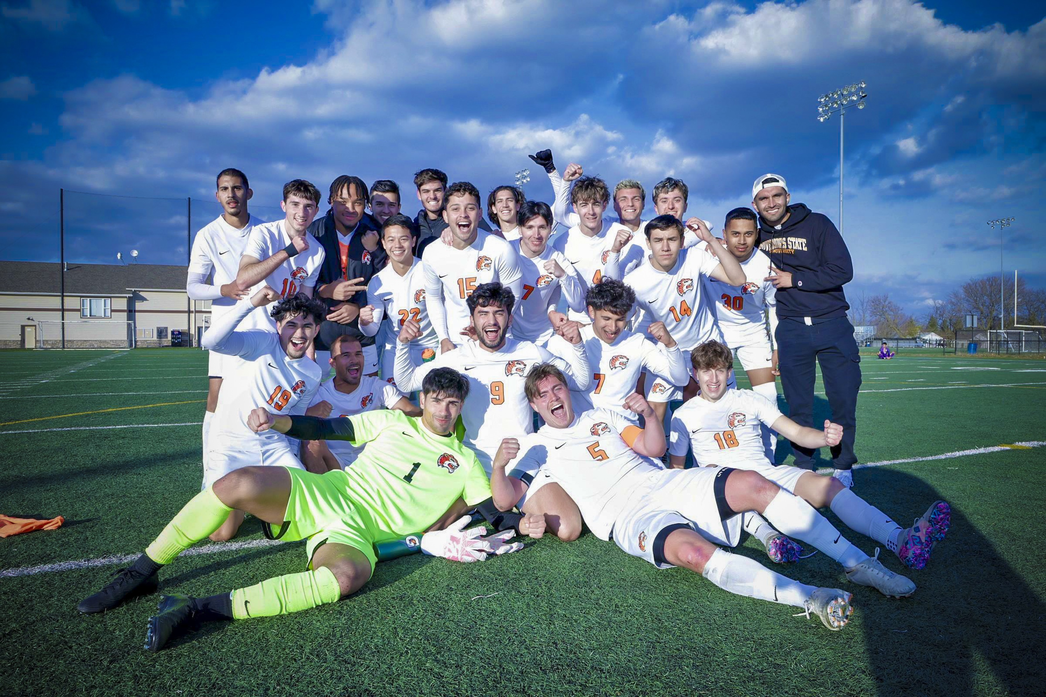 A photo featuring GovState Men's Soccer team celebrating on a soccer field. A photo featuring GovState Men's Soccer team celebrating on a soccer field.